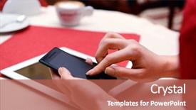  Presentation with human computer interaction mobile app - Cool new presentation theme with tablet computer in cafe shop backdrop and a  colored foreground