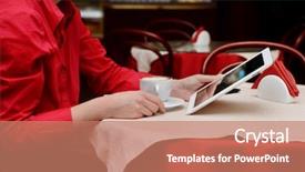  Presentation with cafe - Beautiful PPT theme featuring tablet computer in cafe shop backdrop and a coral colored foreground
