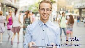  Presentation with public - Amazing slide deck having tablet computer in public space backdrop and a sky blue colored foreground