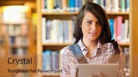  Presentation with computer - PPT theme enhanced with tablet computer in the library background and a coral colored foreground