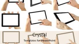  Presentation with hand shake computer - Colorful slide deck enhanced with computers tablets phones - tablet computer isolated backdrop and a lemonade colored foreground