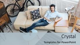  Presentation with computer music - PPT layouts consisting of tablet computer listening to music background and a light blue colored foreground