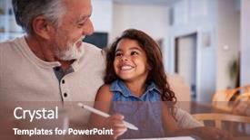  Presentation with granddaughter walking senior - Presentation enhanced with tablet computer looking at each background and a violet colored foreground