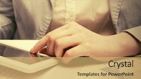  Presentation with financial accounting - Presentation enhanced with financial accounting business woman using tablet computer on balance sheets background and a yellow colored foreground