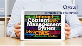  Presentation with cms - Presentation design featuring tablet computer with cms concept being held by female hands on office desk background and a sky blue colored foreground