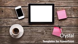  Presentation with wooden desk cup - Presentation with tablet computer with sticky note background and a tawny brown colored foreground