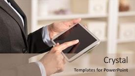  Presentation with business environment using laptops globe - Colorful slide deck enhanced with tablet in a homey environment backdrop and a coral colored foreground