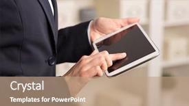  Presentation with business environment using laptops globe - Presentation design featuring tablet in a homey environment background and a coral colored foreground