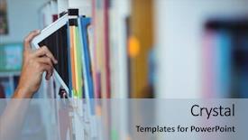  Presentation with digital library - Slide deck having tablet in bookshelf in library background and a light blue colored foreground