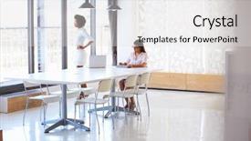  Presentation with women meeting - Cool new presentation with tablet in empty meeting room backdrop and a light gray colored foreground