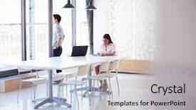  Presentation with two people holding hands - Audience pleasing presentation theme consisting of tablet in empty meeting room backdrop and a light gray colored foreground