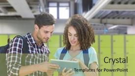  Presentation with hands holding black tablet - PPT theme consisting of tablet in front of locker background and a mint green colored foreground