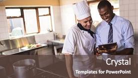  Presentation with hotel kitchen - Presentation enhanced with tablet in kitchen at hotel background and a tawny brown colored foreground