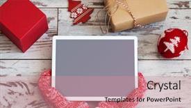  Presentation with new-year - Amazing slide set having empty frame - tablet on christmas background new backdrop and a coral colored foreground