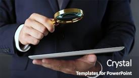  Presentation with blonde holds a magnifying glass - PPT theme with career investigation - businessman holding magnifying glass background and a wine colored foreground