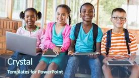  Presentation with using digital tablet - Presentation theme having tablet on stairs at school background and a ocean colored foreground