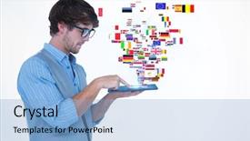  Presentation with healthy workplace full length side view - Beautiful slide deck featuring tablet pc against international flags backdrop and a light blue colored foreground