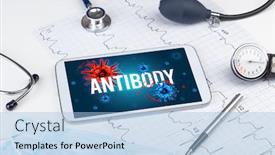  Presentation with antibody - Presentation with tablet-pc-and-doctor-tools background and a light blue colored foreground