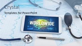  Presentation with social distancing - Beautiful presentation theme featuring tablet-pc-and-medical-tools backdrop and a light blue colored foreground