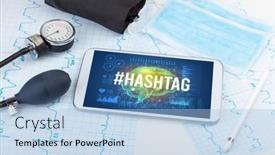  Presentation with social distancing - Slide deck having tablet-pc-and-medical-tools background and a light blue colored foreground