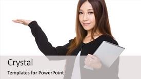  Presentation with hands holding black tablet - Slide set enhanced with tablet pc and open hand background and a light gray colored foreground