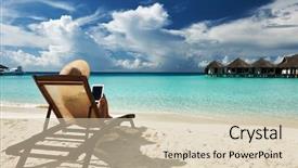  Presentation with hat - PPT theme featuring tablet pc at the beach background and a  colored foreground