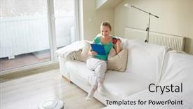  Presentation with vacuum cleaner robot - Slides with tablet pc computer and robot background and a light gray colored foreground