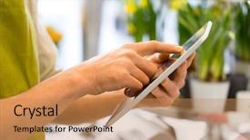  Presentation with mobile payment app business technology - Slide set with tablet pc computer at flower background and a coral colored foreground