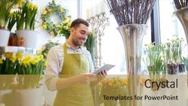  Presentation with technology - Theme featuring tablet pc computer at flower background and a gold colored foreground