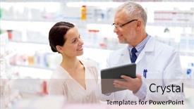  Presentation with healthcare technology - Slide deck featuring tablet pc computer at pharmacy background and a coral colored foreground