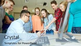  Presentation with learning technology - Amazing PPT layouts having tablet pc computer at school backdrop and a light blue colored foreground