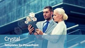  Presentation with business communication - Slide deck consisting of tablet pc computer making video background and a teal colored foreground