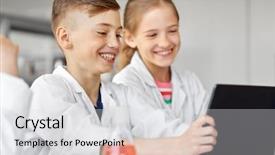  Presentation with technology education - Audience pleasing PPT layouts consisting of tablet pc computer studying chemistry backdrop and a light gray colored foreground