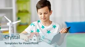  Presentation with toy model - Presentation theme featuring tablet pc computer toy house background and a sky blue colored foreground