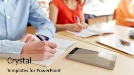  Presentation with school testing - Amazing PPT theme having tablet pc computer writing school backdrop and a lemonade colored foreground