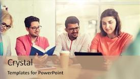  Presentation with international education - Colorful slides enhanced with tablet pc computers books backdrop and a coral colored foreground