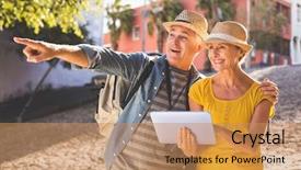  Presentation with tourist - Amazing theme having tablet pc in the city backdrop and a coral colored foreground