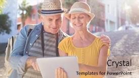  Presentation with tourist - Theme featuring tablet pc in the city background and a coral colored foreground