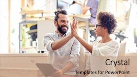  Presentation with office workers - Slide deck consisting of tablet pc making high background and a coral colored foreground