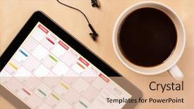  Presentation with coffee cup - Amazing PPT theme having tablet pc showing calendar backdrop and a coral colored foreground
