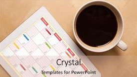  Presentation with coffee cup - PPT layouts enhanced with tablet pc showing calendar background and a coral colored foreground