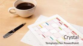  Presentation with cup coffee - Audience pleasing slide set consisting of tablet pc showing calendar backdrop and a sky blue colored foreground