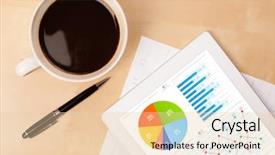  Presentation with cup coffee - Presentation theme enhanced with tablet pc showing chart background and a  colored foreground