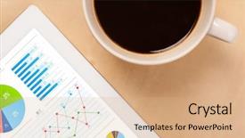  Presentation with cup coffee - Presentation design featuring tablet pc showing chart background and a  colored foreground