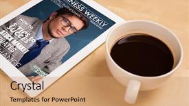  Presentation with cup coffee - Cool new slide deck with tablet pc showing magazine backdrop and a coral colored foreground