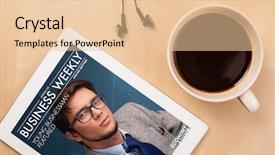  Presentation with cup coffee - Beautiful PPT layouts featuring tablet pc showing magazine backdrop and a  colored foreground
