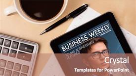  Presentation with cup coffee - Beautiful slide deck featuring tablet pc showing magazine backdrop and a coral colored foreground