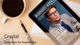  Presentation with coffee cup - PPT theme having tablet pc showing magazine background and a lemonade colored foreground