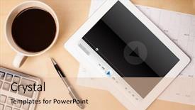  Presentation with cup coffee - Presentation theme consisting of tablet pc showing media background and a lemonade colored foreground