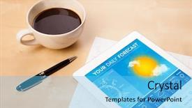  Presentation with cup coffee - Presentation design featuring tablet pc showing weather forecast background and a light blue colored foreground